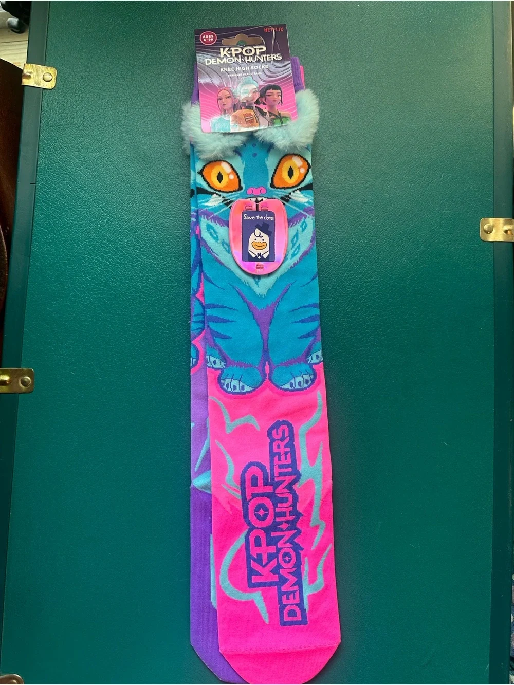 Derpy Cat K-Pop Demon Hunters Knee High Socks - Turquoise Purple Pink - Netflix
